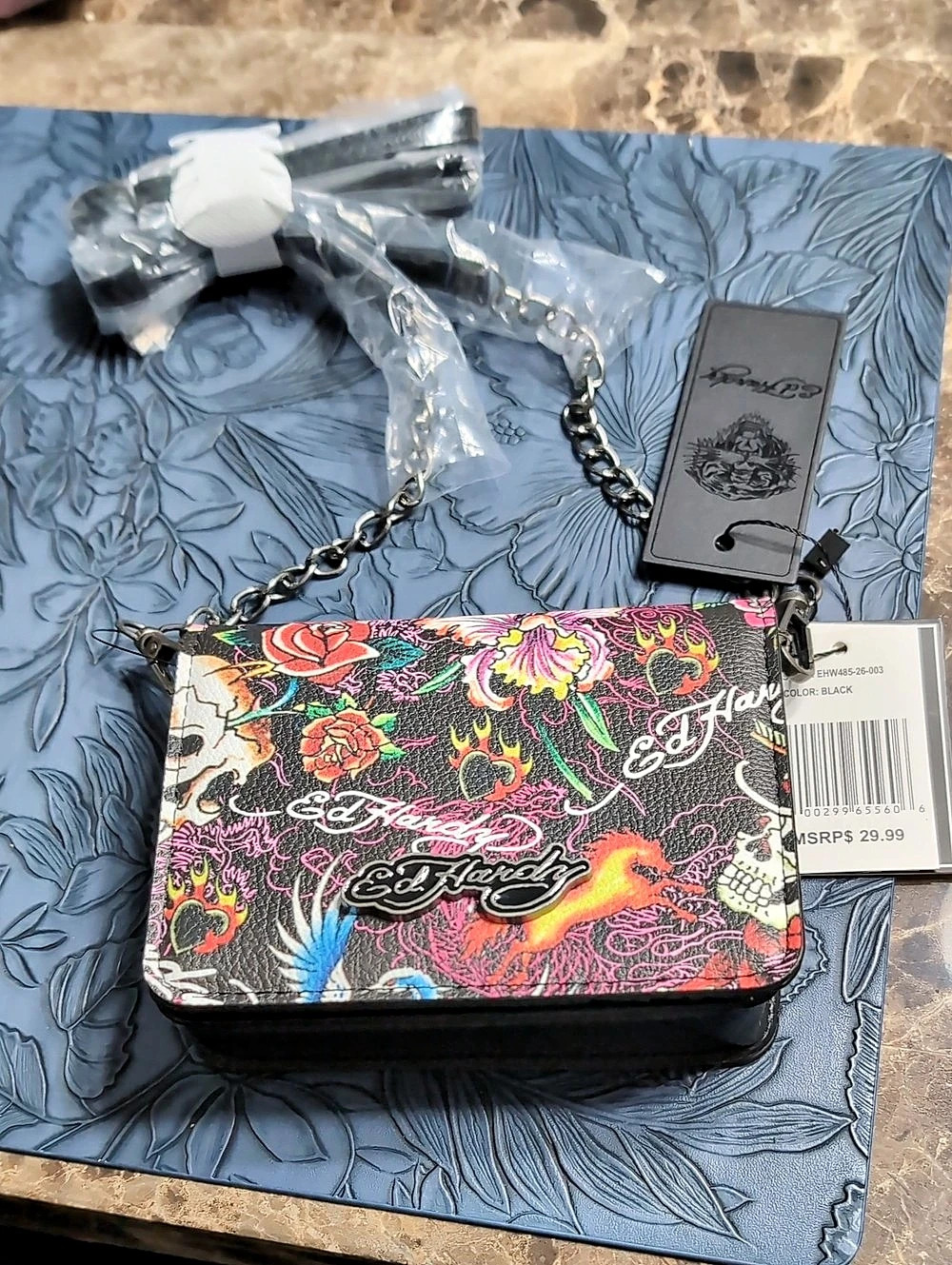 Ed Hardy Black Tattoo Print Crossbody Shoulder Bag Black & Multi New